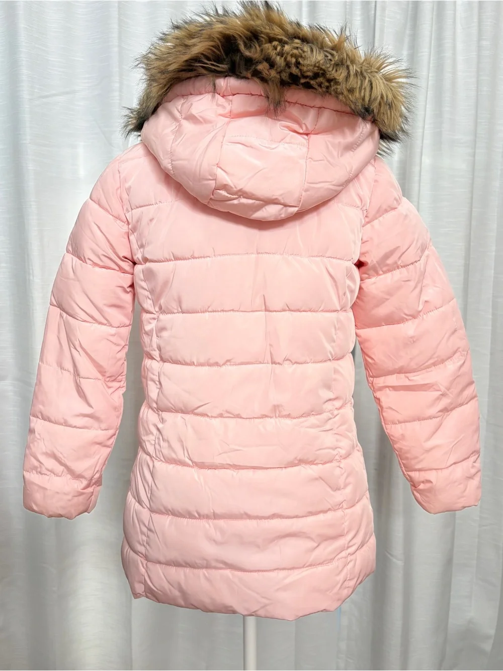 Justice Light Pink Puffer Coat with Faux Fur Hood